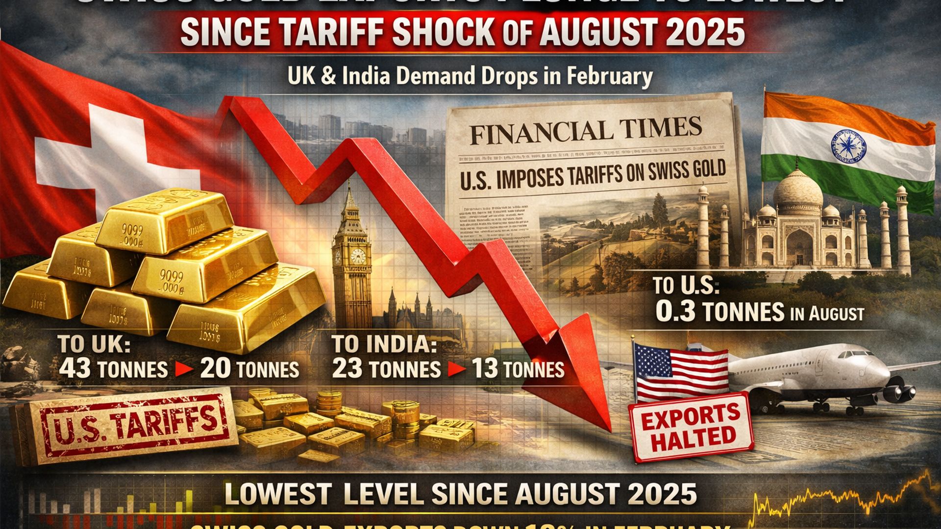 Xuất khẩu vàng Thụy Sĩ giảm kỷ lục sau cú sốc thuế quan tháng 8/2025