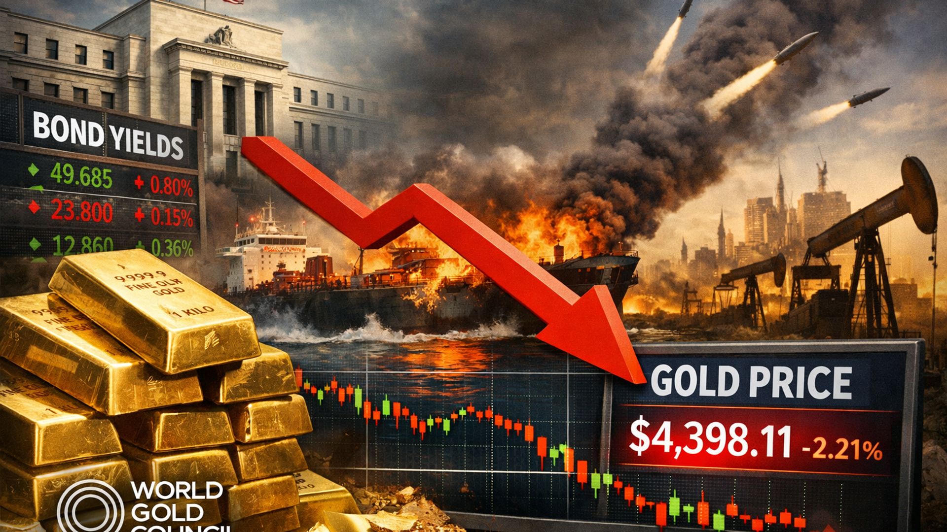 Giá vàng thế giới giảm mạnh giữa căng thẳng Trung Đông và lo ngại thanh khoản