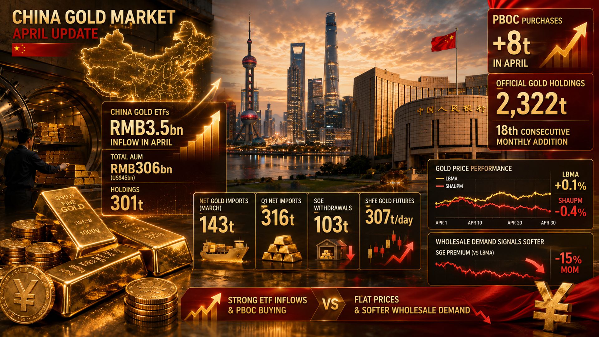 Dòng Vàng Ổn Định Trong Tháng 4 Dù Đầu Tư ETF và Ngân Hàng Trung Ương Trung Quốc Tăng Mạnh