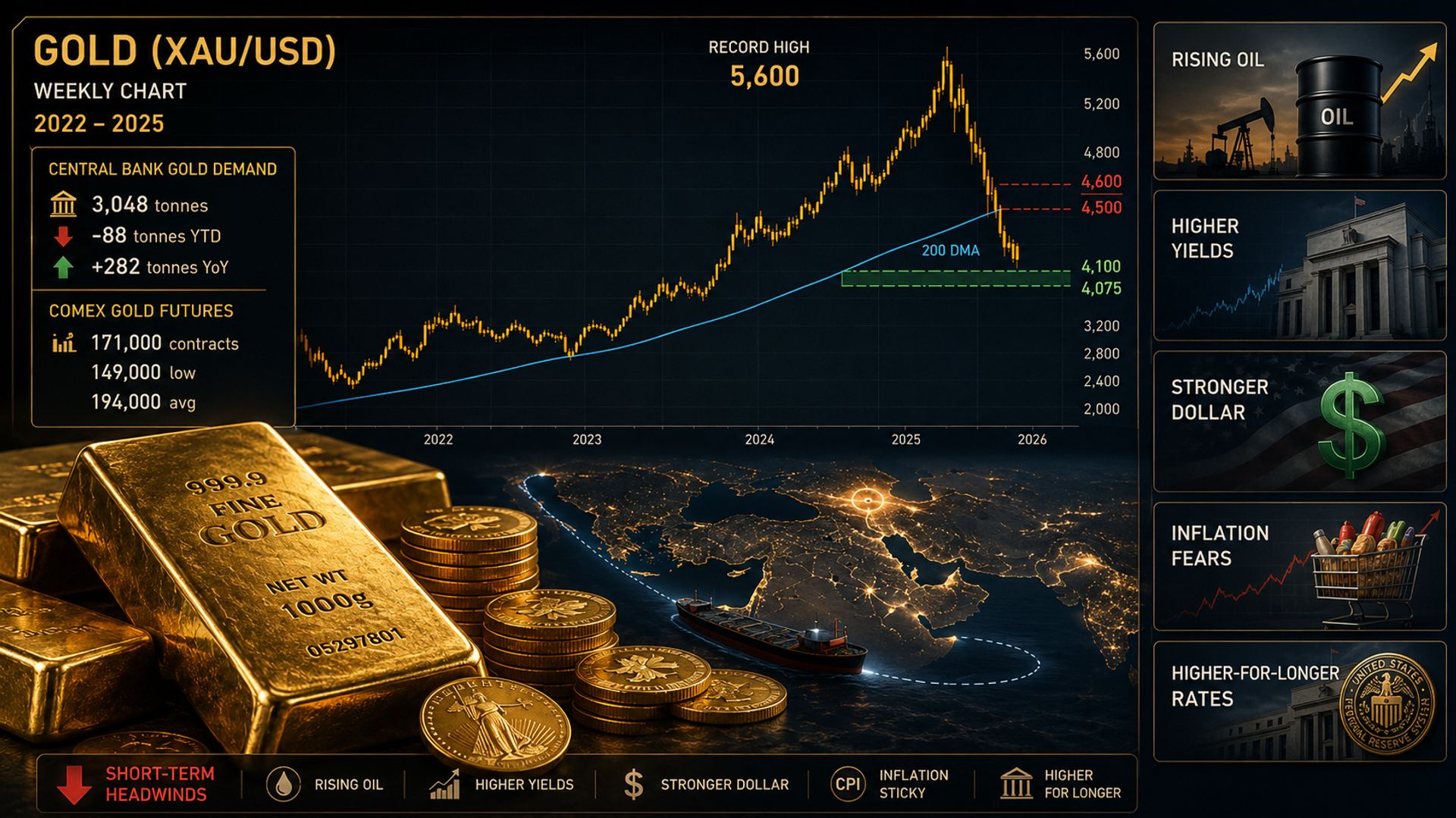 Giá vàng đang ở mức 4.075 USD/oz, thử thách ngưỡng 4.600 USD để phục hồi đà tăng