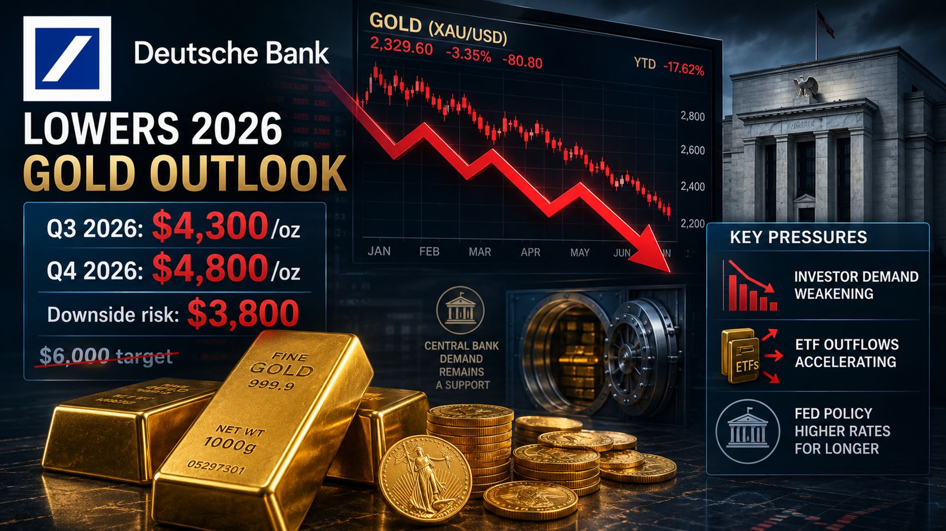 Deutsche Bank điều chỉnh giảm mục tiêu giá vàng 2026 do sức cầu giảm mạnh