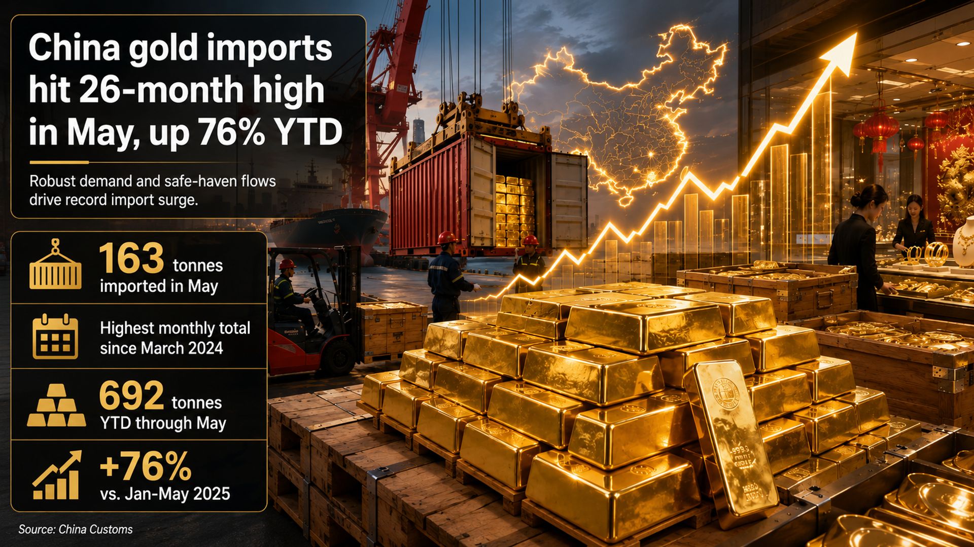 Nhập khẩu vàng Trung Quốc tháng 5 đạt đỉnh 26 tháng, tăng 76% YTD
