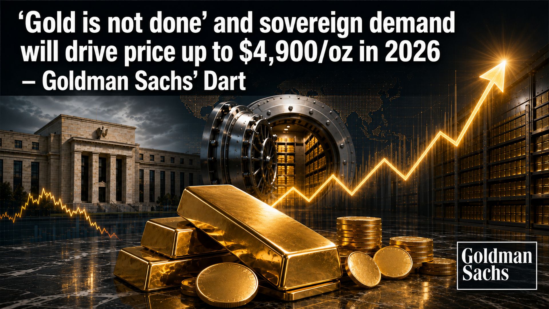 Giá vàng không dừng lại, dự báo lên 4.900 USD/oz năm 2026 từ Goldman Sachs