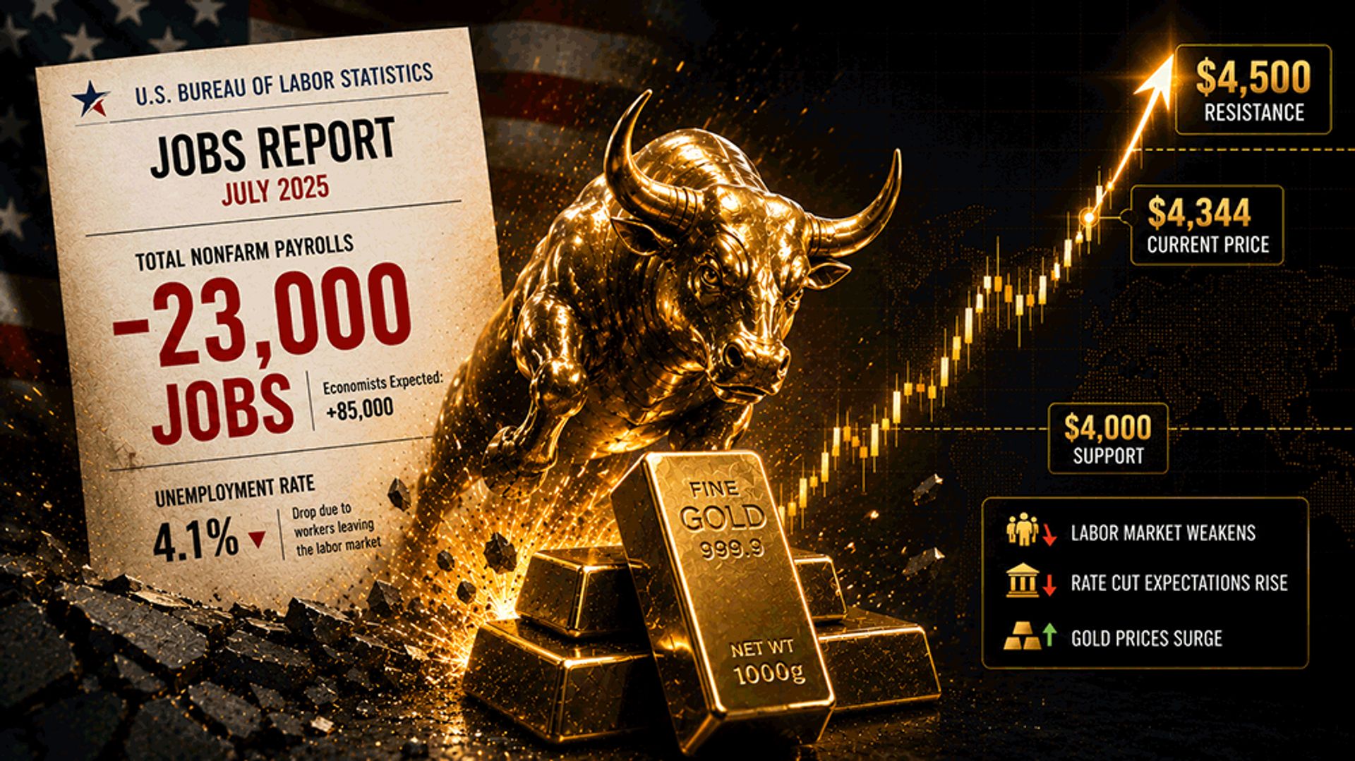 Giá vàng thế giới bứt phá mạnh sau dữ liệu việc làm yếu nhưng khó vượt 4.500 USD/ounce