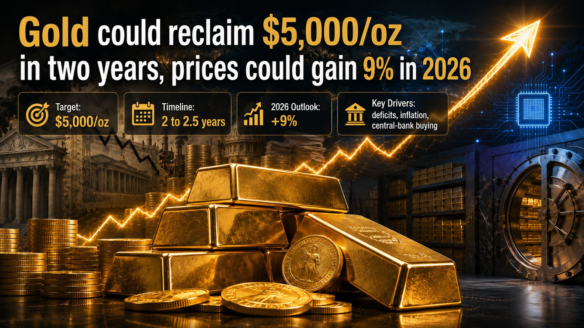Giá vàng có thể chạm 5.000 USD/ounce trong 2 năm tới, tăng 9% năm 2026