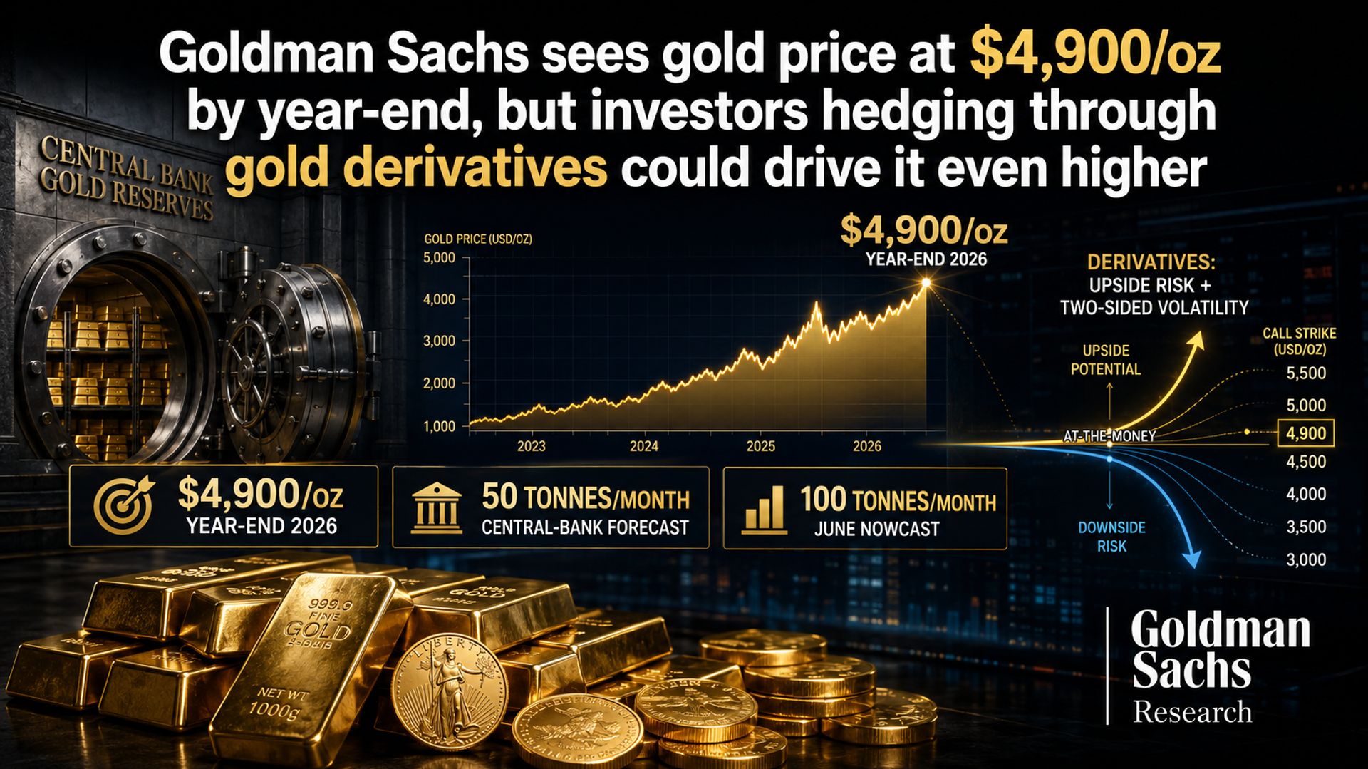Goldman Sachs dự báo giá vàng lên 4.900 USD/ounce cuối năm 2026, nhà đầu tư phái sinh đẩy giá biến động